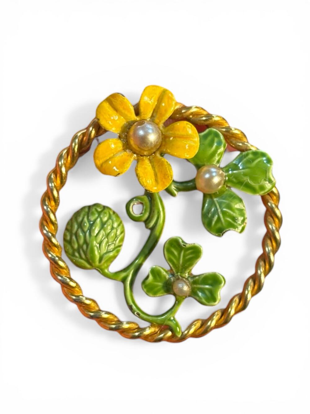 Vintage Enamel Floral Wreath Brooch Yellow Flower Clover Faux Pearl Gold Tone